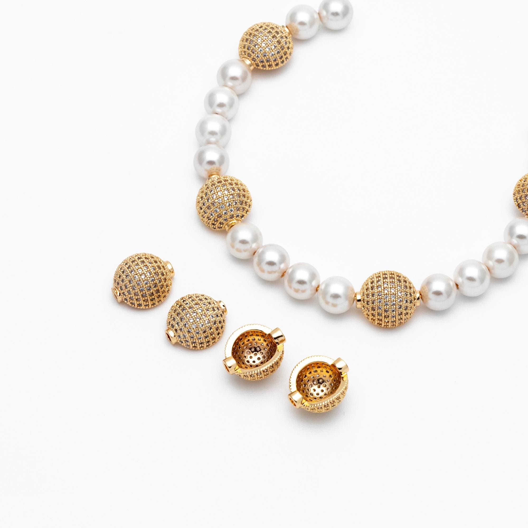 4pcs CZ pave Gold Hemisphere spacer Beads, Gold Plated Brass Connector (GB-1074)